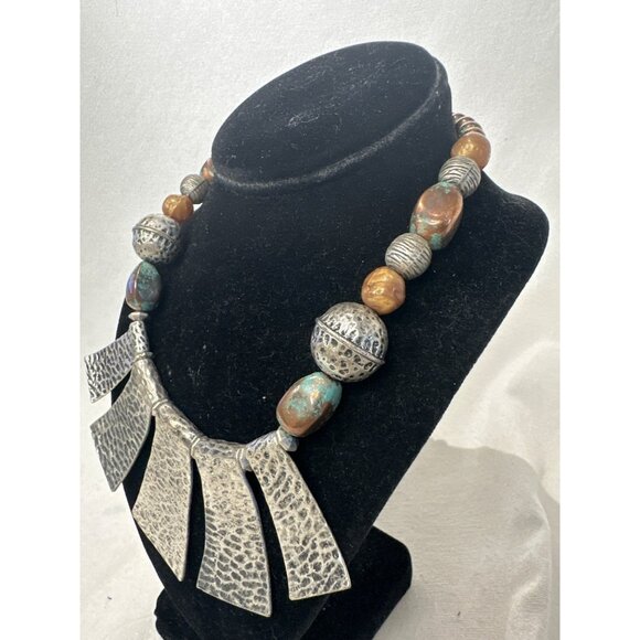 Vintage VCLM Hammered Silver Statement Necklace W/ Beaded Accents Tribal Design - Picture 3 of 5